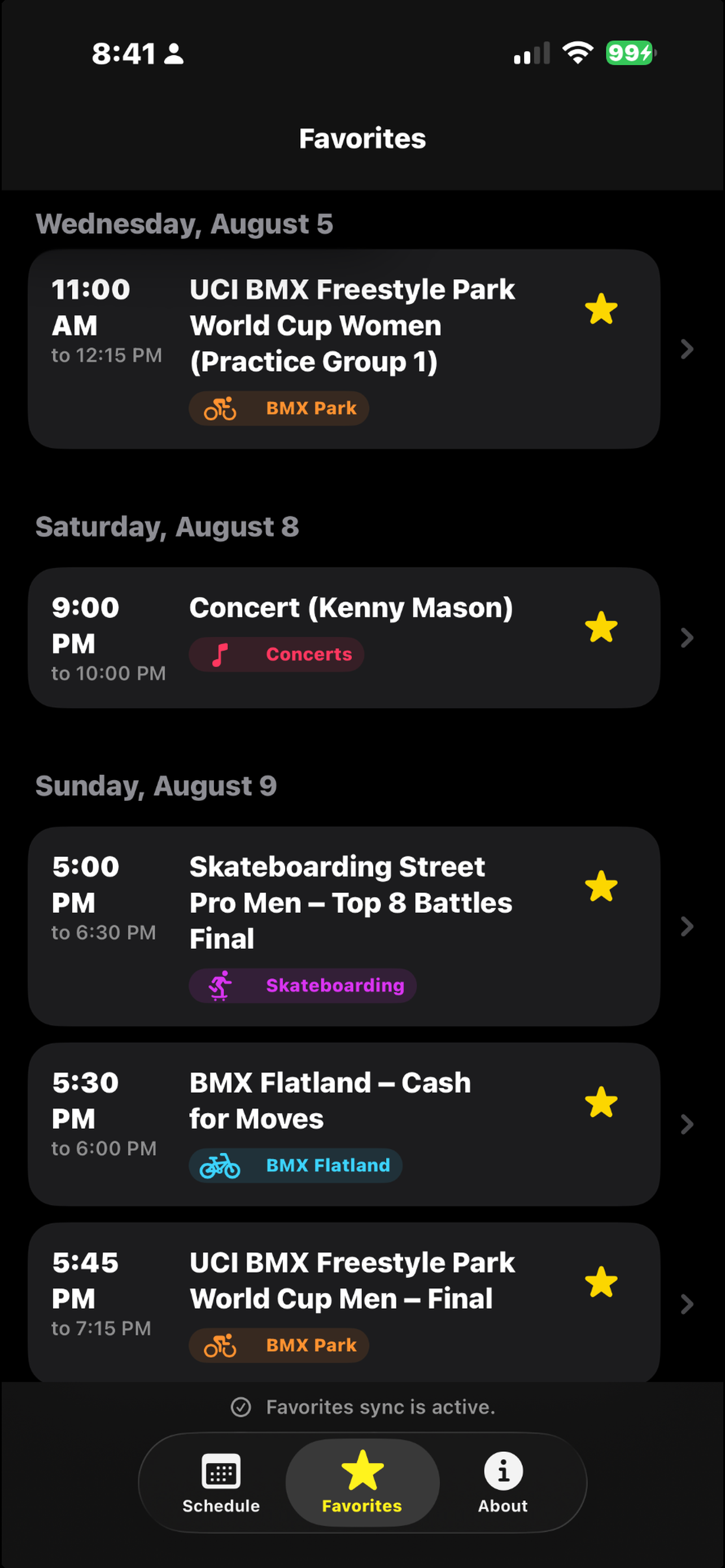 Favorites screen listing saved action sports and concert events by day