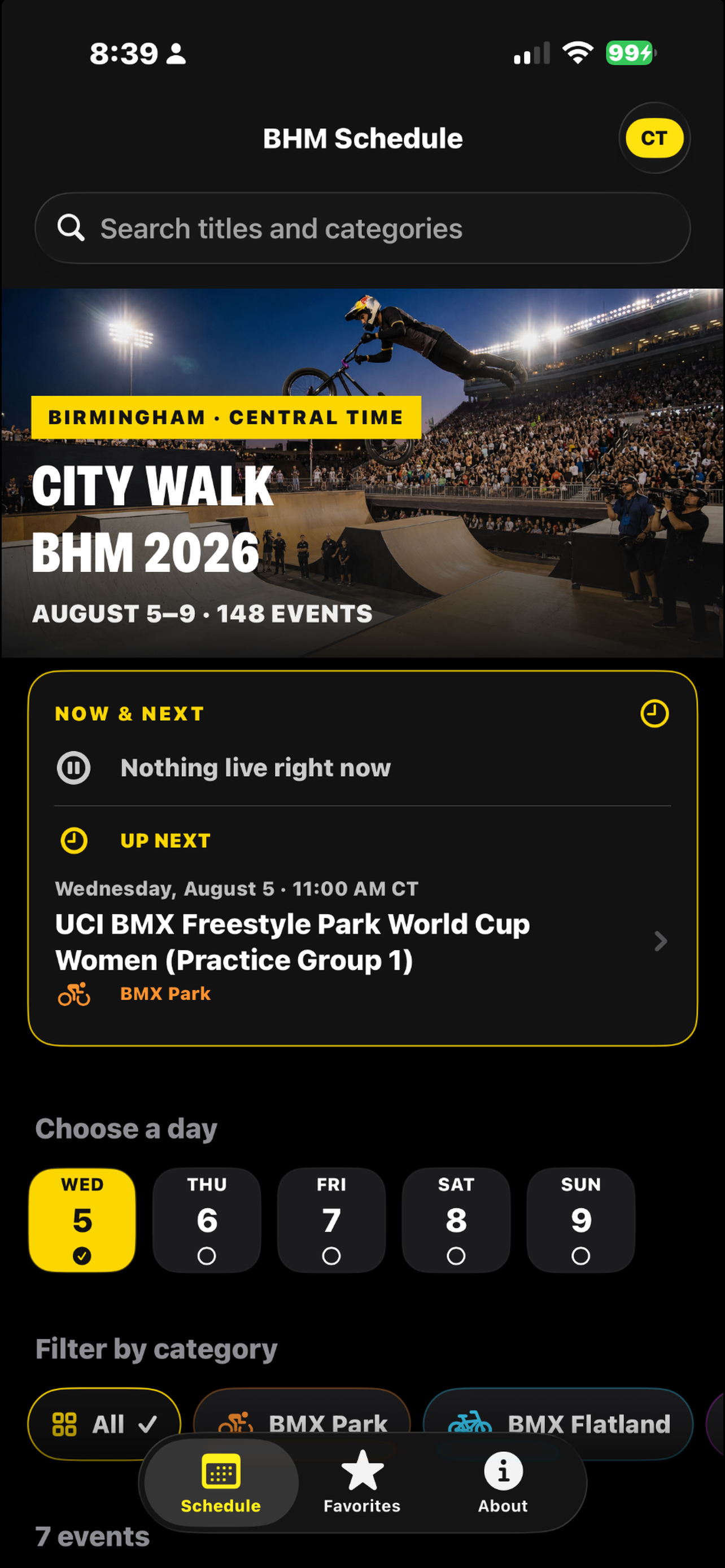 Main schedule screen showing event dates, category filters, and the next event