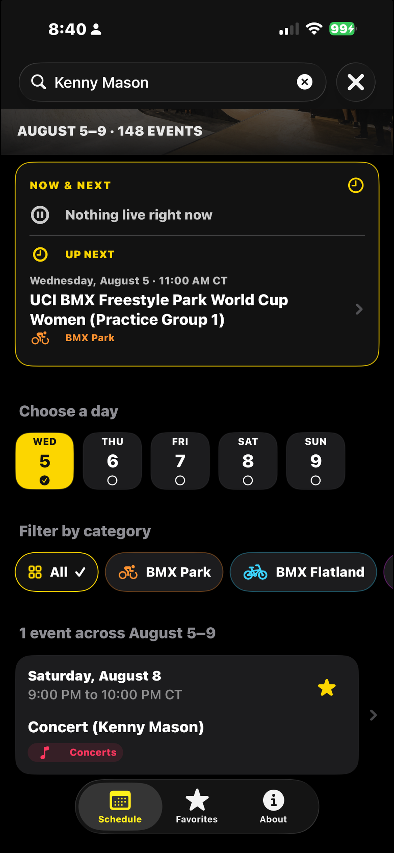 Search screen showing a performer result with date, time, and category
