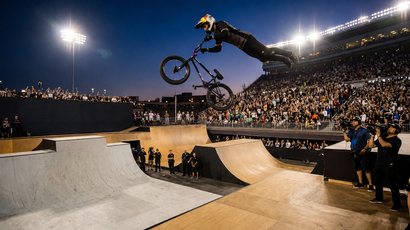 A BMX rider performing above a ramp in front of an energetic crowd
